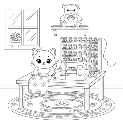 A kawaii sewing room scene with a chibi cat measuring fabric on a table, thread coloring page