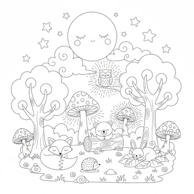 A kawaii sleeping forest with all the animals asleep, curled in their dens coloring page