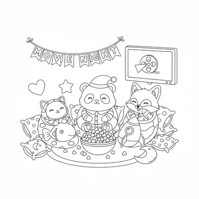 A kawaii sleepover party with three chibi animals in pajamas sitting coloring page