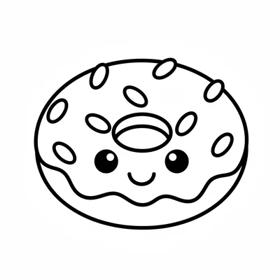 A kawaii smiling donut with a round ring shape, pink frosting on top showing coloring page