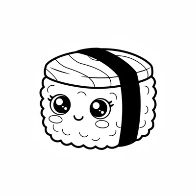 A kawaii smiling sushi roll facing the viewer, its round rice base topped coloring page