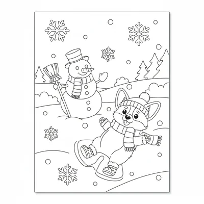 A kawaii snowy day scene with a chibi corgi in a scarf and boots making a snow coloring page