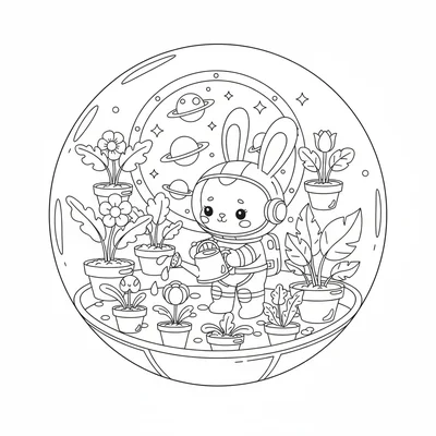 A kawaii space garden with a chibi astronaut bunny tending floating plants coloring page