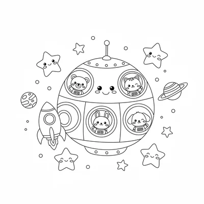 A kawaii space station with round window ports showing chibi animal astronauts coloring page