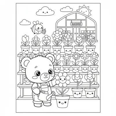 A kawaii spring garden center with rows of pots containing smiling flower coloring page