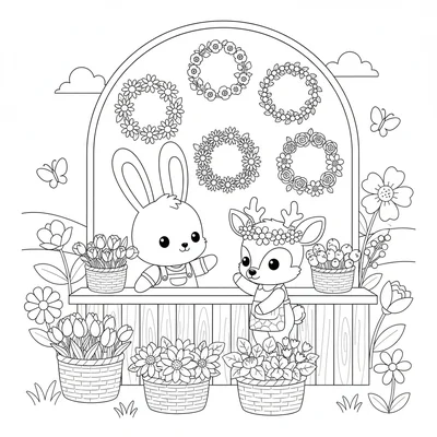 A kawaii spring market stall run by a chibi bunny selling flower crowns coloring page
