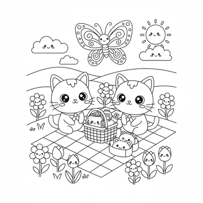 A kawaii spring picnic in a meadow with two chibi cats sitting on a checkered coloring page