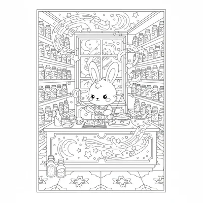 A kawaii stardust apothecary shop interior with rows of labeled vials coloring page