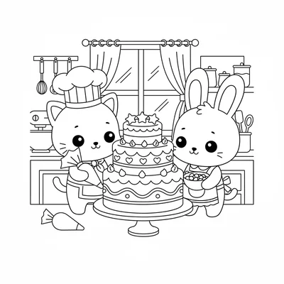 A kawaii studio kitchen scene where two chibi friends, a cat and a rabbit coloring page