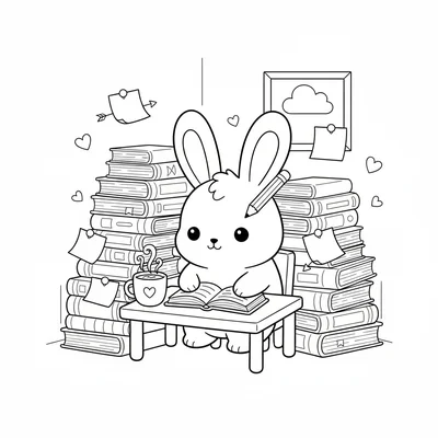 A kawaii study session with a chibi rabbit surrounded by stacks of books coloring page