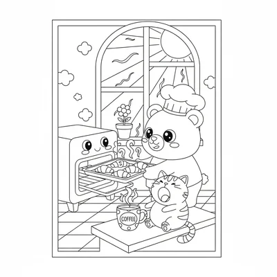A kawaii sunrise baking scene with a chibi bear pulling croissants from an oven coloring page
