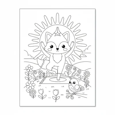 A kawaii sunrise yoga scene with a chibi fox in a gentle tree pose coloring page