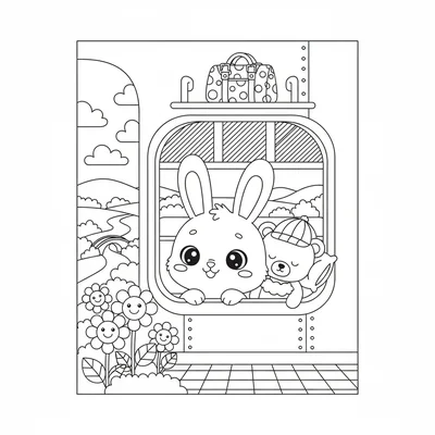 A kawaii train ride scene with a chibi rabbit looking out the window coloring page