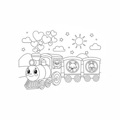 A kawaii train ride with a smiling locomotive with a round face on its front coloring page