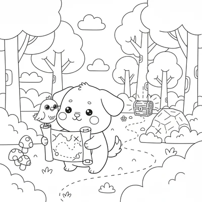 A kawaii treasure hunt scene with a chibi dog holding a hand-drawn map coloring page