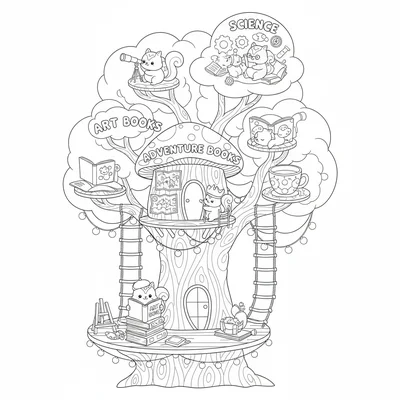 A kawaii treehouse library with multiple levels connected by rope ladders, each coloring page