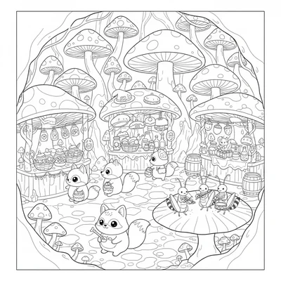 A kawaii underground mushroom market with different stalls coloring page