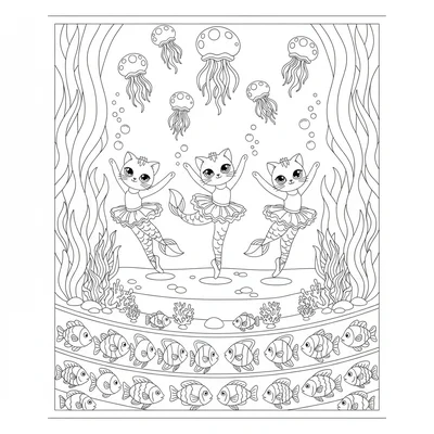 A kawaii underwater ballet performance with mercat coloring page