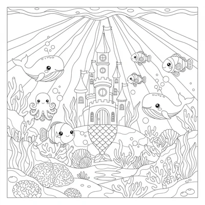 A kawaii underwater world panorama with a mermaid castle at the center, kawaii coloring page