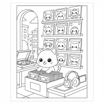 A kawaii vintage record store with a chibi cat flipping through vinyl records coloring page