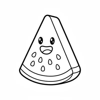 A kawaii watermelon slice with a smiling face on its red flesh, large round coloring page