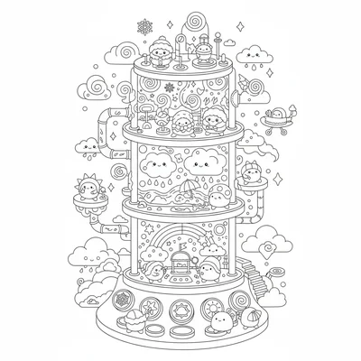 A kawaii weather control tower operated by chibi cloud beings, different floors coloring page