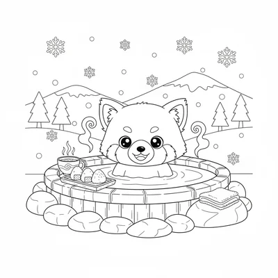 A kawaii winter hot spring soak with a chibi red panda in a bamboo-edged coloring page