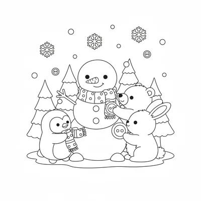 A kawaii winter scene with a chibi snowman surrounded by chibi animals coloring page