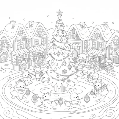 A kawaii winter solstice celebration in a village square coloring page