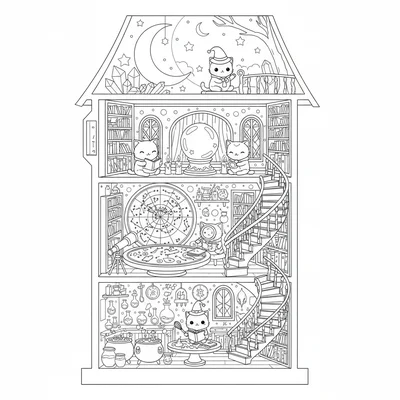 A kawaii wizard tower interior cross-section showing multiple floors, potions coloring page