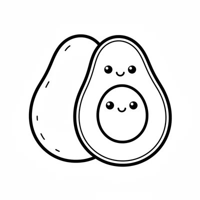 A smiling avocado cut in half showing a round seed with a cheerful face coloring page
