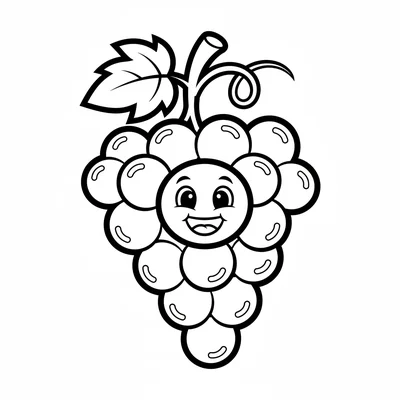 A smiling bunch of purple grapes with a cheerful face on the central grape coloring page