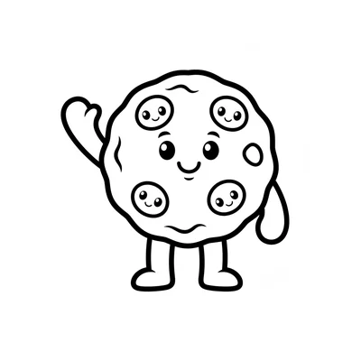 A smiling chocolate chip cookie standing upright waving with a round stub arm coloring page