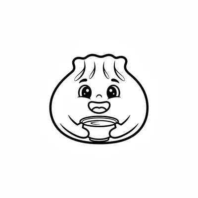 A smiling dumpling holding a small bowl of dipping sauce, round plump shape coloring page