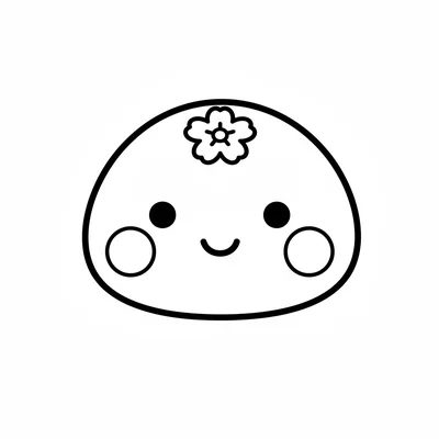 A smiling mochi ball with a simple round shape, a small flower pattern pressed coloring page