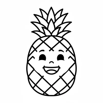 A smiling pineapple character with a bushy leaf crown on top, wide happy face coloring page