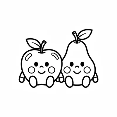 A smiling red apple sitting beside a happy pear, both with simple leaf tops coloring page
