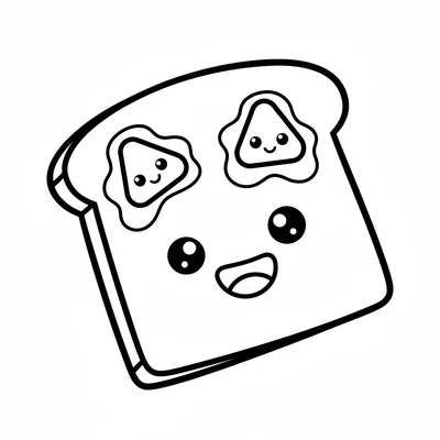 A smiling slice of toast with two butter pat friends melting on top in a simple coloring page