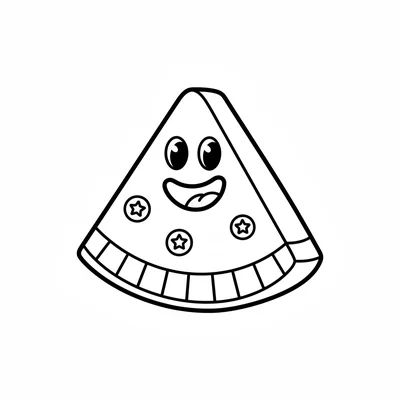 A smiling slice of watermelon with seed dots that have little star shapes coloring page