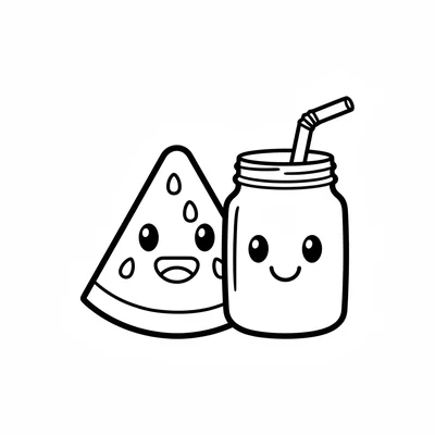 A smiling watermelon slice resting against a lemonade jar with a straw, both coloring page