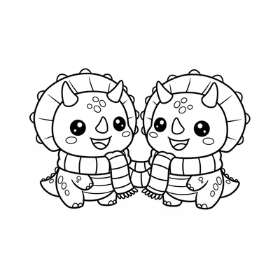 Two kawaii chibi Triceratops sharing a long striped scarf between them, standin… coloring page