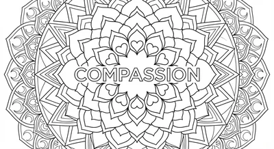 Render the exact text 'COMPASSION' in Geometric Sans-Serif… coloring page