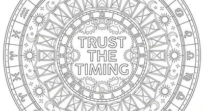Render the exact text 'TRUST THE TIMING' in Geometric Sans-… coloring page