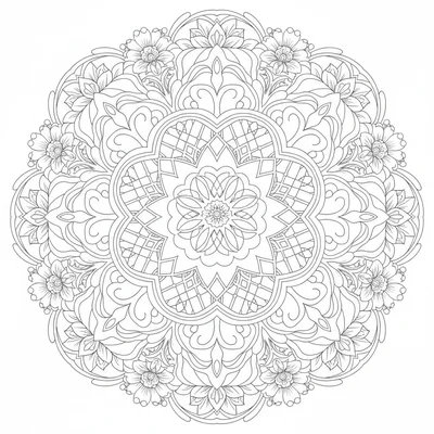 A 12-section mandala with 8 concentric rings, the innermost showing a tight coloring page