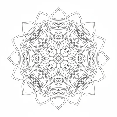 A 14-section mandala with 7 rings where each ring uses a different pattern coloring page