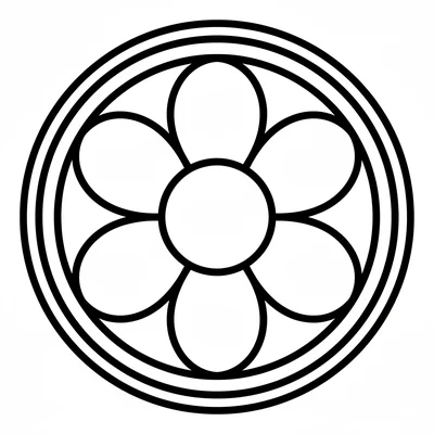 A 6-petal flower mandala with thick bold outlines, each petal a large smooth coloring page