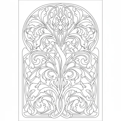 An abstract art nouveau-style surface pattern with sinuous S-curved stems coloring page