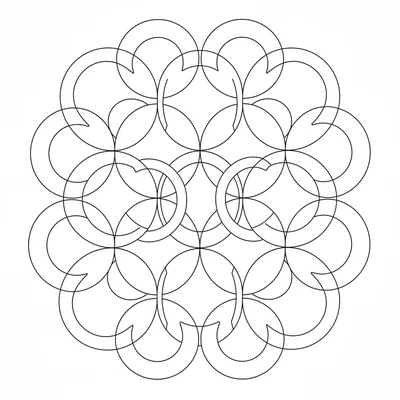 An abstract composition of interlocking ring shapes, circles overlapping coloring page