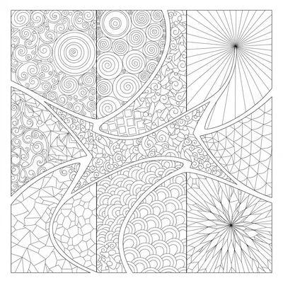 An abstract composition where 5 different zentangle patterns each occupy one coloring page