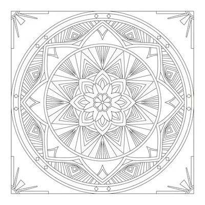 An Art Deco circle mandala with a central floral medallion, 4 large curved coloring page